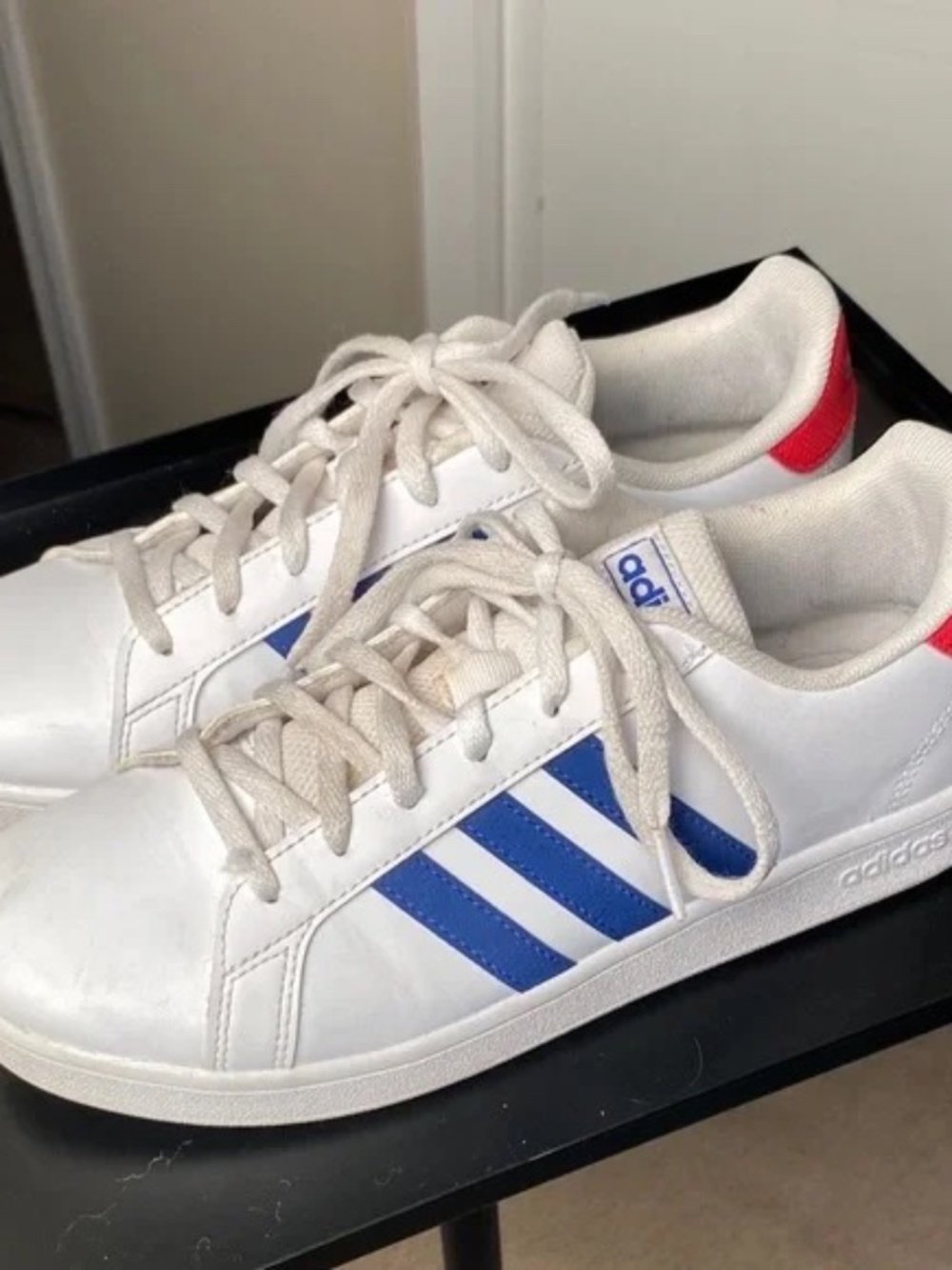 adidas White Sneakers with Blue Stripes and Red Heel Tab